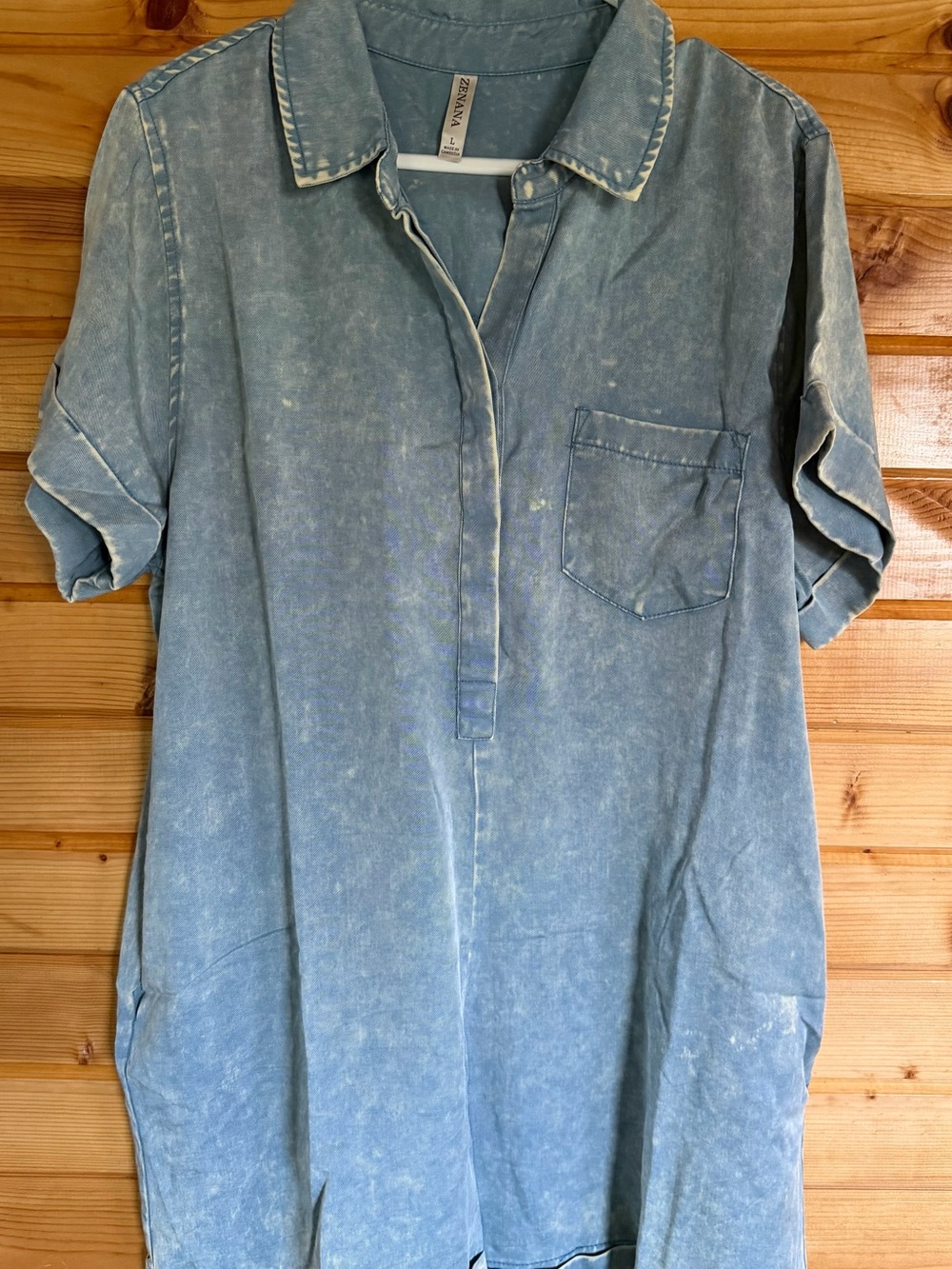 Zenana Tencel Mineral Washed Blue Short Sleeve Romper Size Large NWOT